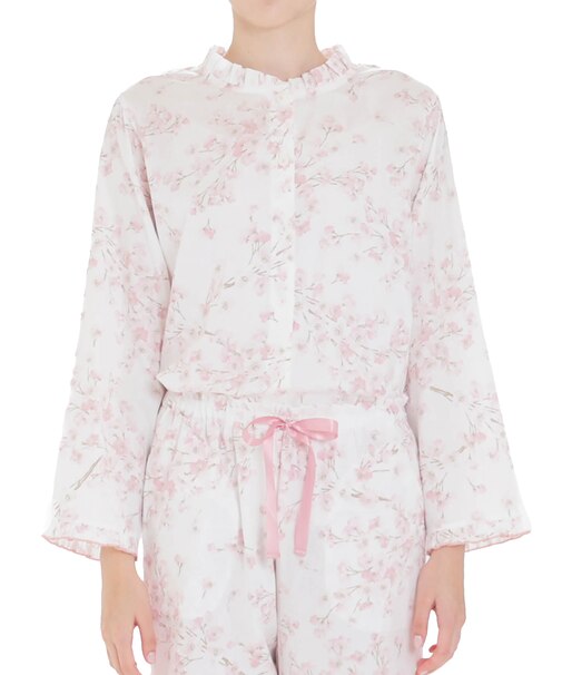 50/ダブルガーゼチェリーブロッサムフリルパジャマ　セットアップ　ルームウェア　桜　花柄　春　大人可愛い　エレガント　上品　軽やか　綿100％　お肌に優しい　おしゃれ