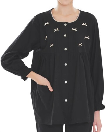 天竺ムジリボンパジャマ　上下セット　ルームウェア　綿100％　肌に優しい　やわらか　ゆったり　無地　リボン　上品　大人可愛い