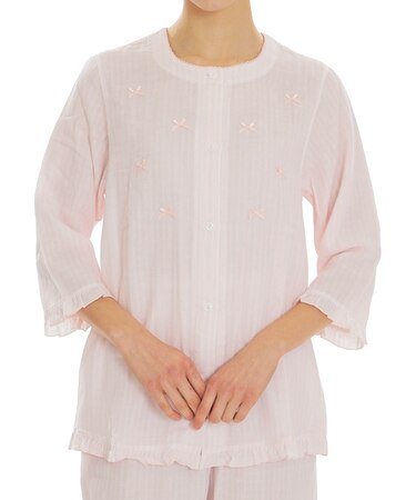 ダブルガーゼクラシカルストライプ7分袖パジャマ　上下セット　ルームウェア　綿100％　やわらか　肌に優しい　大人可愛い　リボン