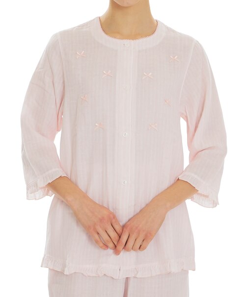 ダブルガーゼクラシカルストライプ7分袖パジャマ　上下セット　ルームウェア　綿100％　やわらか　肌に優しい　大人可愛い　リボン