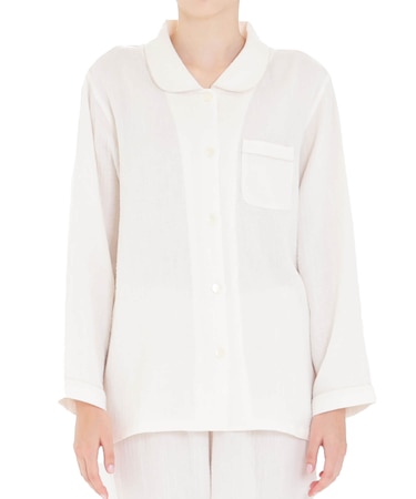 シュークリームガーゼ(R)シャツパジャマ　上下セット　ルームウェア　綿100％　やわらか　ふっくら　肌に優しい　着心地がいい　季節の変わり目　シンプル　大人可愛い　上品