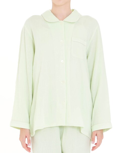 シュークリームガーゼ(R)シャツパジャマ　上下セット　ルームウェア　綿100％　やわらか　ふっくら　肌に優しい　着心地がいい　季節の変わり目　シンプル　大人可愛い　上品