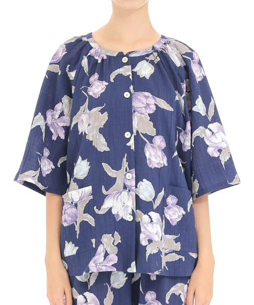 シャーリングボイルチューリップラグランスリーブパジャマ 上下セット ルームウェア 綿混 お肌に優しい 軽やか らくちん 涼しい 花柄 エレガント 大人可愛い