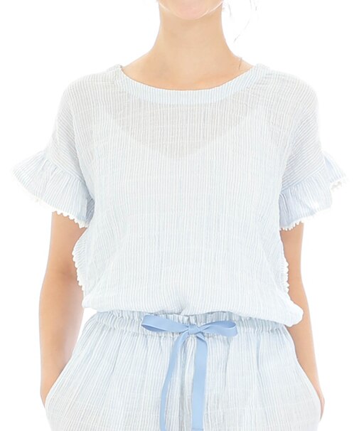 シャーリング表ジャガードストライプフレンチスリーブパジャマ 上下セット ルームウェア 綿100％ お肌に優しい ふんわり 軽やか らくちん やわらか さわやか