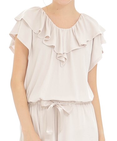 接触冷感リブニットフリルセットアップ パジャマ 上下セット ルームウェア ひんやり 涼しい クール素材 伸縮性 やわらか 無地 大人可愛い おしゃれ