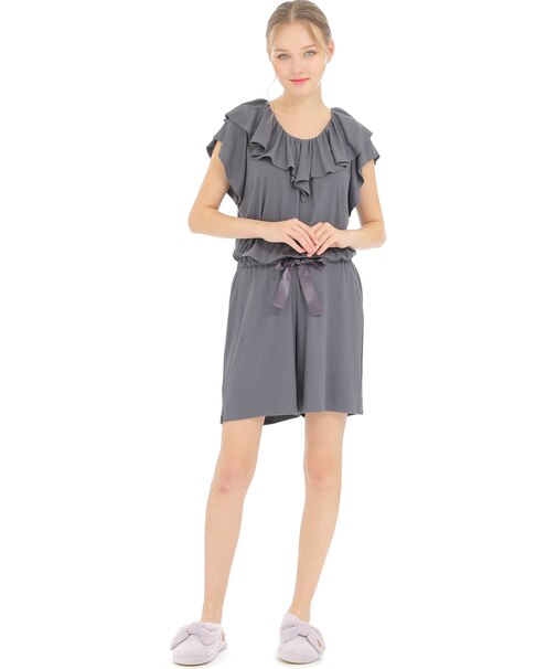 接触冷感リブニットフリルセットアップ パジャマ 上下セット ルームウェア ひんやり 涼しい クール素材 伸縮性 やわらか 無地 大人可愛い おしゃれ