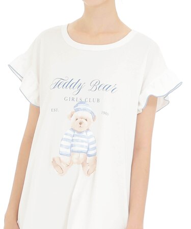 シルケット天竺オンプリントテディベアワンピース ネグリジェ ルームウェア 綿100％ お肌に優しい 伸縮性 らくちん 型崩れしにくい 大人可愛い