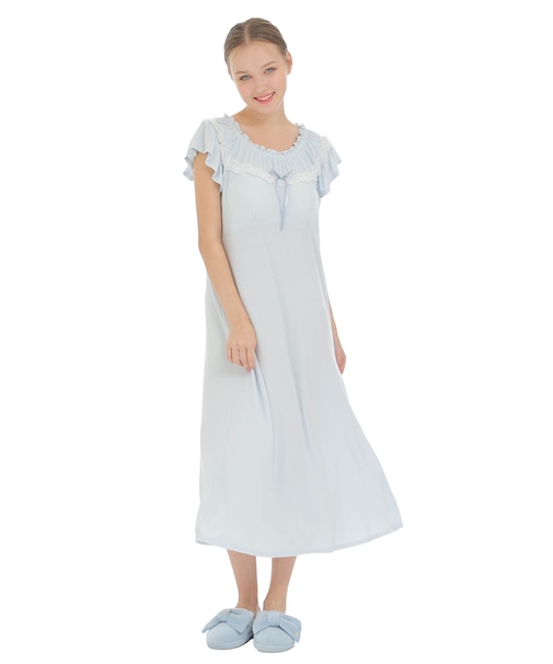 接触冷感リブニットクラシカルワンピース ネグリジェ ルームウェア ひんやり 涼しい クール素材 クラシカル エレガント 大人可愛い パット入り