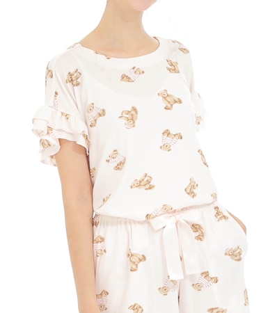 接触冷感リブニットテディベアショートパンツパジャマ 上下セット ルームウェア クール素材 涼しい らくちん やわらか シワになりにくい 大人可愛い