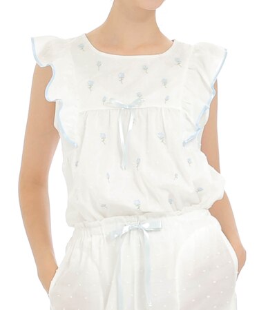 コットンカットドビーローズ刺繍セットアップ 上下セット パジャマ ルームウェア 綿100％ お肌に優しい 軽やか らくちん 大人可愛い 上品