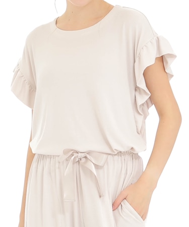 接触冷感リブニットフリルパジャマ 上下セット ルームウェア ひんやり 涼しい クール素材 伸縮性 やわらか 無地 大人可愛い おしゃれ