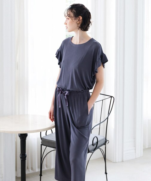 接触冷感リブニットフリルパジャマ 上下セット ルームウェア ひんやり 涼しい クール素材 伸縮性 やわらか 無地 大人可愛い おしゃれ