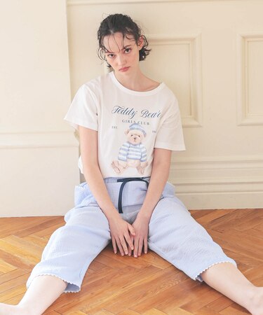 シルケット天竺オンプリントテディベアセットアップ パジャマ 上下セット ルームウェア 綿100％ お肌に優しい 大人可愛い くま シュークリームガーゼ（R） 夏物