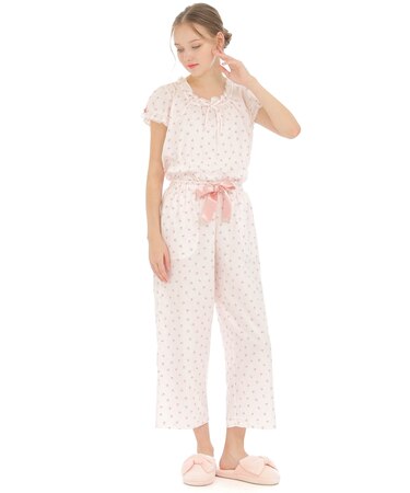 50/ダブルガーゼプチローズセットアップ 上下セット パジャマ ルームウェア 大人可愛い フェミニン 上品 バラ 花柄 綿100％ やわらか お肌に優しい 吸湿性 吸水性