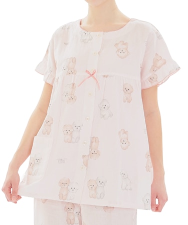 ダブルガーゼプードルフリルパジャマ ルームウェア 上下セット 部屋着 綿100％ お肌に優しい やわらか 着心地がいい 大人可愛い 犬好きドッグ 半袖