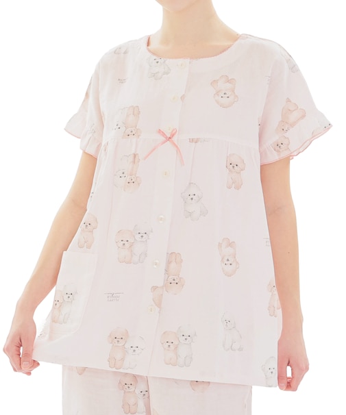 ダブルガーゼプードルフリルパジャマ ルームウェア 上下セット 部屋着 綿100％ お肌に優しい やわらか 着心地がいい 大人可愛い 犬好きドッグ 半袖