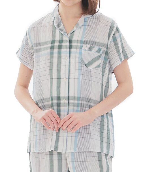 ダブルガーゼチェックシャツパジャマ ルームウェア 上下セット 部屋着 綿100％ お肌に優しい やわらか 着心地がいい 大人可愛い チェック柄 半袖