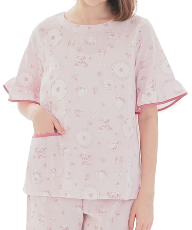 ダブルガーゼカトラリープルオーバーパジャマ ルームウェア 上下セット 部屋着 綿100％ お肌に優しい やわらか 着心地がいい 大人可愛い 食器 半袖