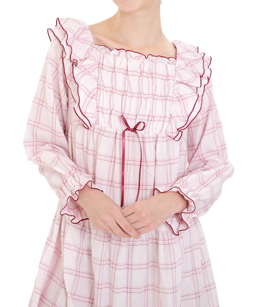 50/ダブルガーゼガーリーチェックワンピース ネグリジェ ルームドレス