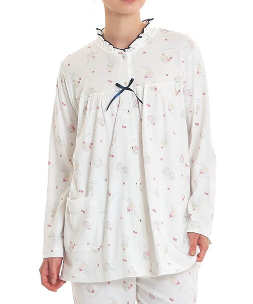 スムースカップケーキギャザーパジャマ ルームウェア 部屋着 大人かわいい 綿100% お肌に優しい なめらか やわらか 着心地がいい スイーツ柄 チェリー さくらんぼ 上品