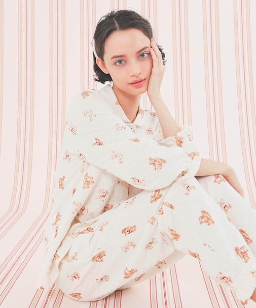 裏綿接結(綿入り)テディーベアシャツパジャマ ルームウェア 部屋着 上下セット あったか 大人かわいい おしゃれ くま 肌側綿100% お肌に優しい 着心地がいい