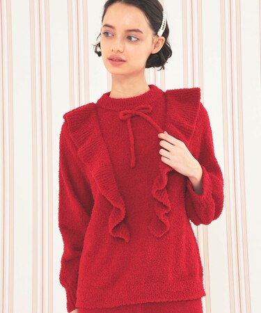 モールニットフリルトップス ルームウェア パジャマ 部屋着 あったか ふわもこ もこもこ 軽やか リボン おしゃれ 大人かわいい