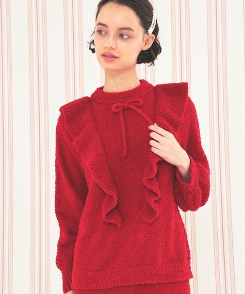 モールニットフリルトップス ルームウェア パジャマ 部屋着 あったか ふわもこ もこもこ 軽やか リボン おしゃれ 大人かわいい