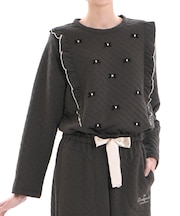 裏綿接結(綿入り)リボンジャガードフリルパジャマ ルームウェア 上下セット 部屋着 あったか お肌に優しい 肌側綿100％ 着心地がいい 大人かわいい おしゃれ 上品