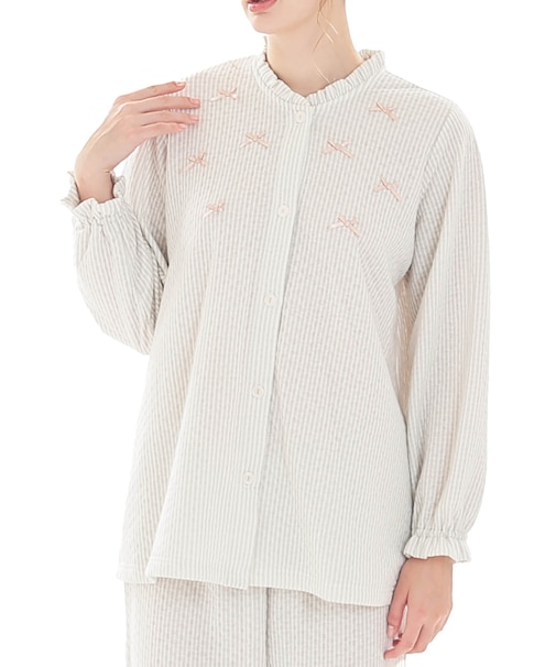 接結(綿入り)ストライプフリルパジャマ 上下セット ルームウェア 部屋着 綿混 あったか 着心地がいい ストライプ柄 大人可愛い かわいい さわやか リボン