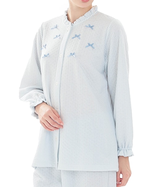 接結（綿入り）ストライプフリルパジャマ 上下セット ルームウェア 部屋着 綿混 あったか 着心地がいい ストライプ柄 大人可愛い かわいい さわやか リボン