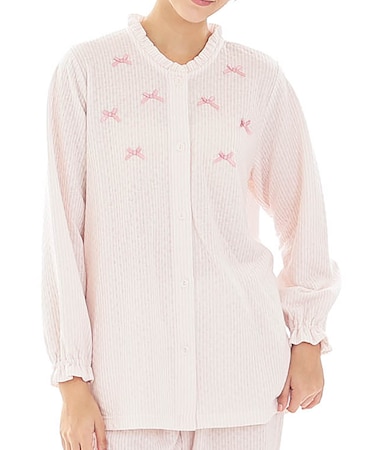 接結（綿入り）ストライプフリルパジャマ 上下セット ルームウェア 部屋着 綿混 あったか 着心地がいい ストライプ柄 大人可愛い かわいい さわやか リボン