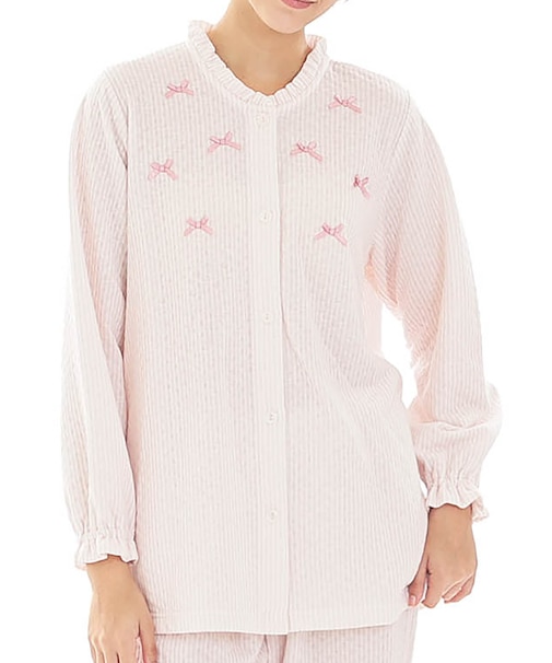 接結（綿入り）ストライプフリルパジャマ 上下セット ルームウェア 部屋着 綿混 あったか 着心地がいい ストライプ柄 大人可愛い かわいい さわやか リボン