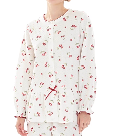 接結（綿入り）チェリーペプラムパジャマ 上下セット ルームウェア 部屋着 綿混 あったか 着心地がいい さくらんぼ フルーツ柄 大人可愛い かわいい