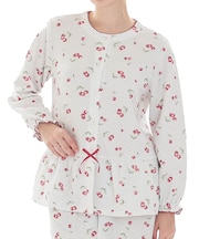 接結（綿入り）チェリーペプラムパジャマ 上下セット ルームウェア 部屋着 綿混 あったか 着心地がいい さくらんぼ フルーツ柄 大人可愛い かわいい