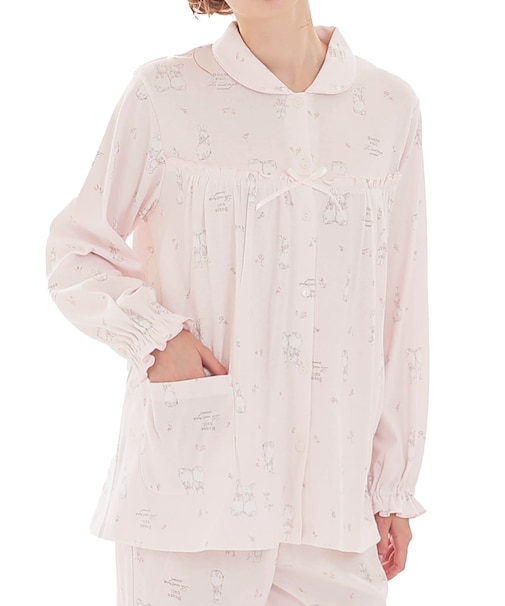 スムースうさぎローズフェミニンパジャマ 上下セット ルームウェア 部屋着 綿100% やわらか 着心地がいい 動物柄 大人可愛い かわいい