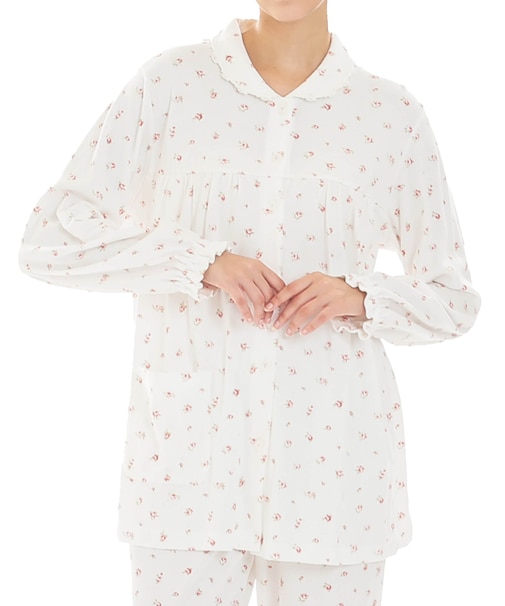 スムース小花ギャザーパジャマ 上下セット ルームウェア 部屋着 綿100％ やわらか 着心地がいい 花柄 大人可愛い かわいい 上品 襟レース