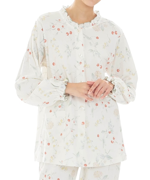 スムースフラワーベリーフリルパジャマ 上下セット ルームウェア 部屋着 綿100％ やわらか 着心地がいい 植物柄  草花 木の実 大人可愛い 上品 きれいめ