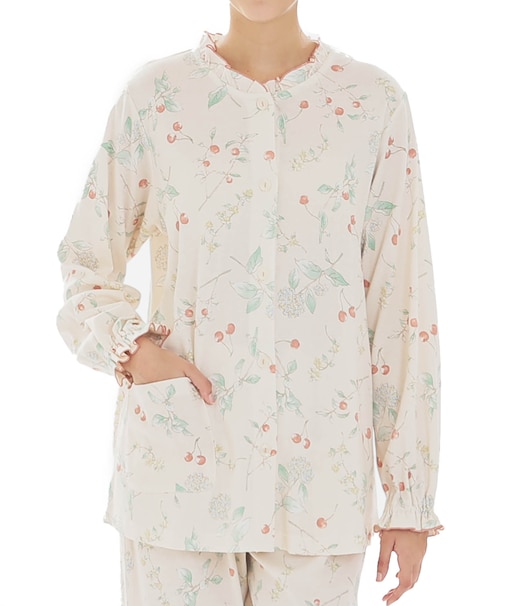 スムースフラワーベリーフリルパジャマ 上下セット ルームウェア 部屋着 綿100％ やわらか 着心地がいい 植物柄  草花 木の実 大人可愛い 上品 きれいめ