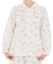 接結（綿入り）ボンボンキャットシャツパジャマ 上下セット ルームウェア 部屋着 綿混 あったか 着心地がいい 猫 動物柄 大人可愛い かわいい キャンディー あめ玉