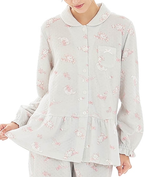 接結（綿入り）ボンボンキャットシャツパジャマ 上下セット ルームウェア 部屋着 綿混 あったか 着心地がいい 猫 動物柄 大人可愛い かわいい キャンディー あめ玉