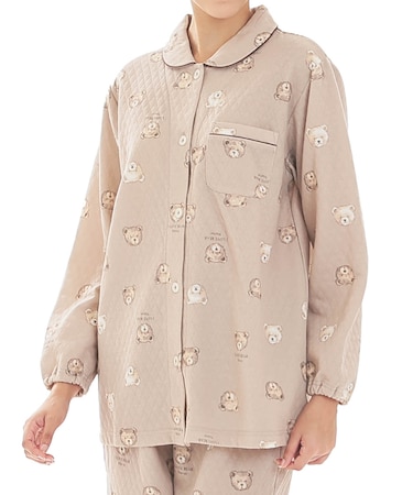 接結（綿入り）くまシャツパジャマ 上下セット ルームウェア 部屋着 綿混 あったか 着心地がいい くま クマ ほっこり 大人可愛い かわいい