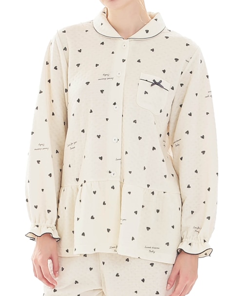 接結（綿入り）ハートシャツパジャマ 上下セット ルームウェア 部屋着 綿混 あったか 着心地がいい ハート柄 大人可愛い かわいい 上品