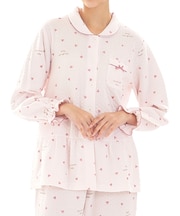 接結(綿入り)ハートシャツパジャマ 上下セット ルームウェア 部屋着 綿混 あったか 着心地がいい ハート柄 大人可愛い かわいい 上品