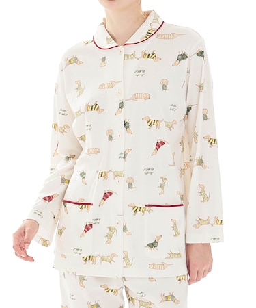 スムースダックスフンドシャツパジャマ 上下セット ルームウェア 部屋着 綿100％ やわらか 着心地がいい 犬 動物柄 大人可愛い かわいい