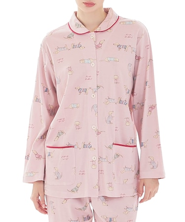 スムースダックスフンドシャツパジャマ 上下セット ルームウェア 部屋着 綿100％ やわらか 着心地がいい 犬 動物柄 大人可愛い かわいい