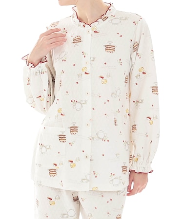 接結（綿入り）アフタヌーンティーフリルパジャマ 上下セット ルームウェア 部屋着 綿混 あったか 着心地がいい スイーツ柄 紅茶 大人可愛い かわいい