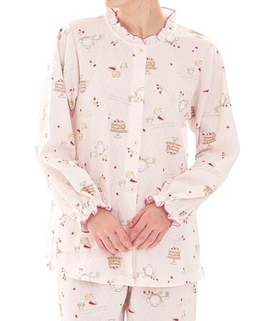 接結（綿入り）アフタヌーンティーフリルパジャマ 上下セット ルームウェア 部屋着 綿混 あったか 着心地がいい スイーツ柄 紅茶 大人可愛い かわいい