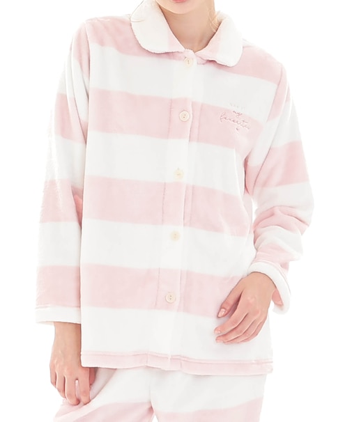 スノーパウダーボーダーシャツパジャマ 上下セット ルームウェア 部屋着 もこもこ ふわもこ 厚手 あったか 着心地がいい ボーダー柄 大人可愛い かわいい