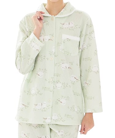 接結(綿入り)シマエナガシャツパジャマ 上下セット ルームウェア 部屋着 綿混 あったか 着心地がいい 動物柄 鳥 大人可愛い かわいい