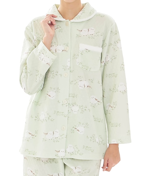 接結(綿入り)シマエナガシャツパジャマ 上下セット ルームウェア 部屋着 綿混 あったか 着心地がいい 動物柄 鳥 大人可愛い かわいい